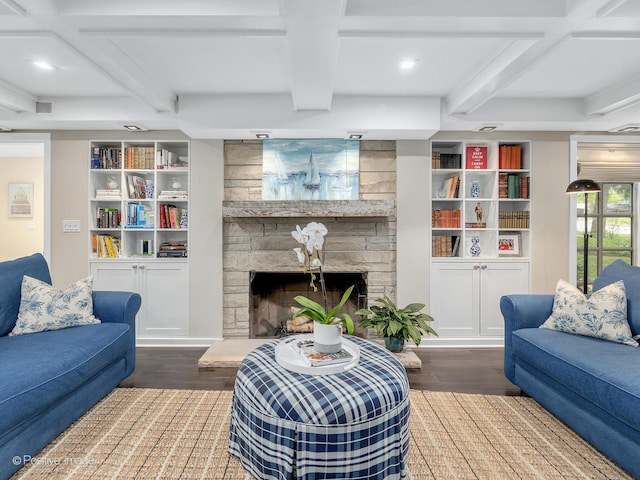 5951 S Grant St, Burr Ridge, IL 60527 - living room with wood finished floors, a stone fireplace, beamed ceiling, recessed lighting, and coffered ceiling