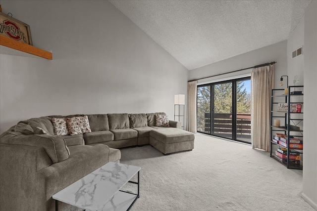 706 Waukegan Rd Unit 403C, Glenview, IL 60025 - living room featuring carpet floors, a textured ceiling, and high vaulted ceiling