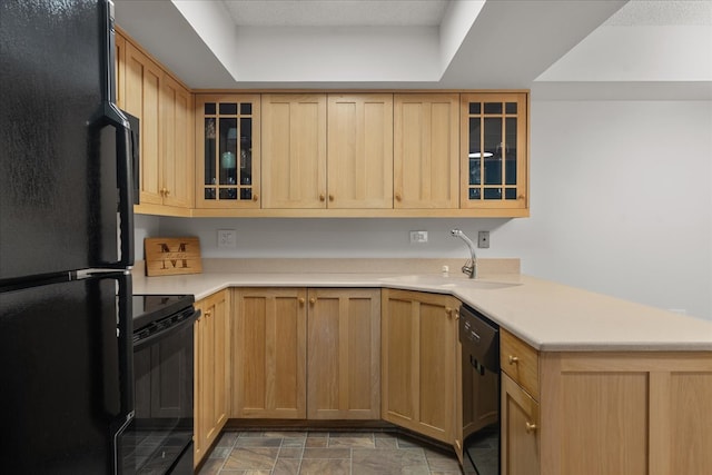 706 Waukegan Rd Unit 403C, Glenview, IL 60025 - kitchen featuring black appliances, a sink, light countertops, and a tray ceiling