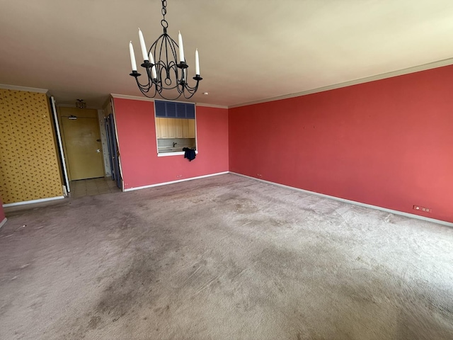 1560 N Sandburg Ter Unit 2704, Chicago, IL 60610 - unfurnished room with ornamental molding, a chandelier, carpet floors, and baseboards