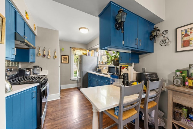1028 5th St, Aurora, IL 60505 - kitchen featuring appliances with stainless steel finishes, blue cabinetry, under cabinet range hood, dark wood finished floors, and light countertops