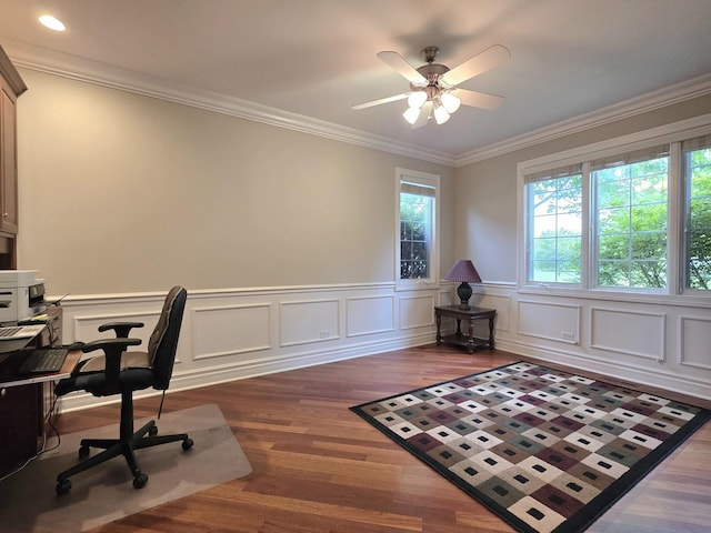501 Siesta Dr, New Lenox, IL 60451 - office area featuring ceiling fan, wood finished floors, ornamental molding, and a wainscoted wall