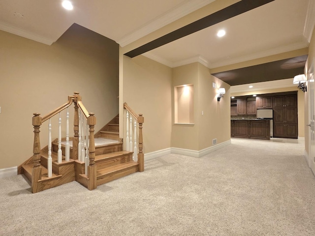 501 Siesta Dr, New Lenox, IL 60451 - stairway featuring carpet, baseboards, crown molding, recessed lighting, and bar area