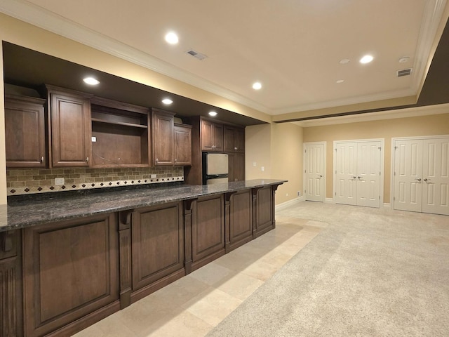 501 Siesta Dr, New Lenox, IL 60451 - kitchen featuring crown molding, recessed lighting, freestanding refrigerator, baseboards, and tasteful backsplash