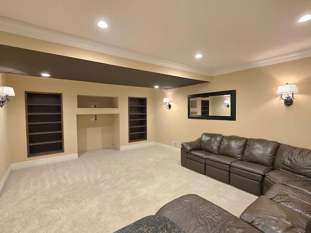 501 Siesta Dr, New Lenox, IL 60451 - carpeted living area with baseboards, built in features, recessed lighting, and crown molding