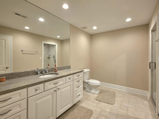 501 Siesta Dr, New Lenox, IL 60451 - bathroom with an enclosed shower, vanity, toilet, baseboards, and recessed lighting