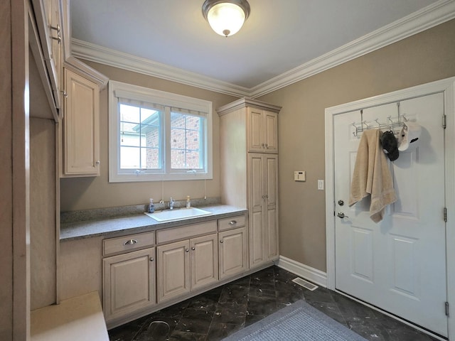 501 Siesta Dr, New Lenox, IL 60451 - washroom with a sink, dark marble finish flooring, crown molding, and baseboards