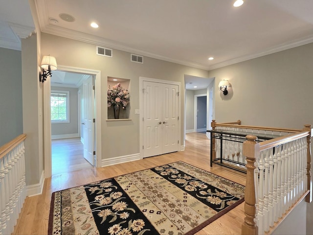 501 Siesta Dr, New Lenox, IL 60451 - hall featuring an upstairs landing, ornamental molding, light wood-style floors, baseboards, and recessed lighting