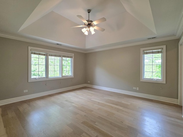 501 Siesta Dr, New Lenox, IL 60451 - spare room with a raised ceiling, healthy amount of natural light, a ceiling fan, light wood-style flooring, and crown molding