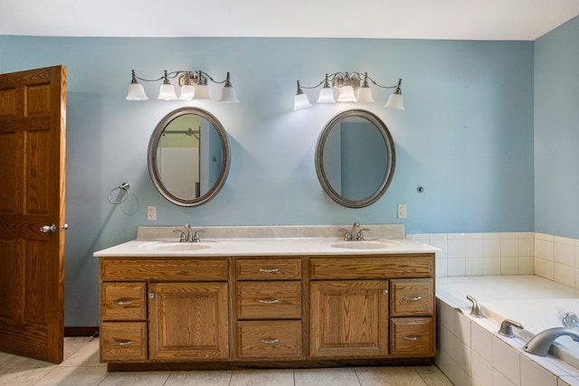 2946 County Road 800 E, Dewey, IL 61840 - bathroom with double vanity, a relaxing tiled tub, and tile patterned flooring