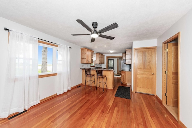 2725 2100n Rd, Minonk, IL 61760 - kitchen with a peninsula, a kitchen bar, dark countertops, ceiling fan, and light wood-type flooring