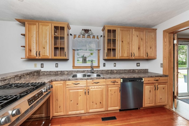 2725 2100n Rd, Minonk, IL 61760 - kitchen featuring dishwasher, stainless steel gas range oven, a sink, dark countertops, and light wood-style floors