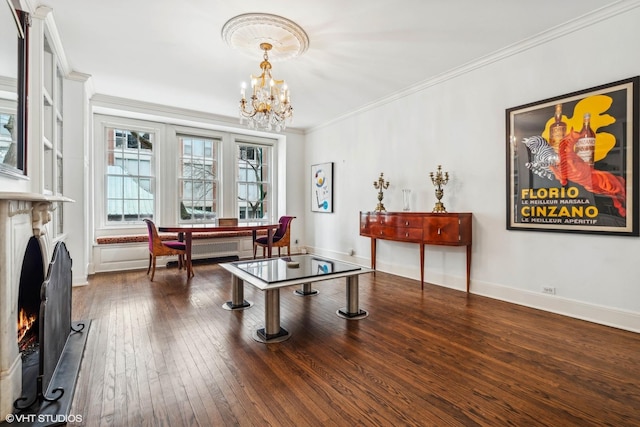 1320 N State Pkwy Unit 2A, Chicago, IL 60610 - dining space featuring crown molding, a lit fireplace, dark wood-type flooring, a chandelier, and baseboards