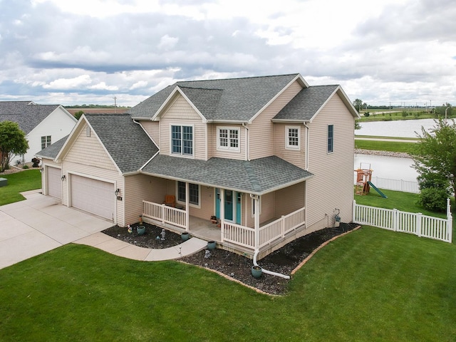 2738 Wharton Way, Normal, IL 61761 - view of front of property with a porch, a shingled roof, an attached garage, driveway, and a water view