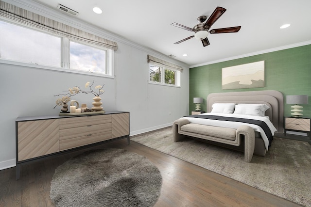 825 N Hudson Ave Unit 1B, Chicago, IL 60610 - bedroom featuring ornamental molding, baseboards, recessed lighting, wood finished floors, and ceiling fan
