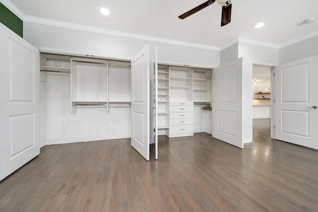 825 N Hudson Ave Unit 1B, Chicago, IL 60610 - unfurnished bedroom featuring crown molding, dark wood-style floors, recessed lighting, ceiling fan, and baseboards