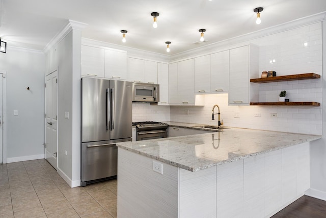 825 N Hudson Ave Unit 1B, Chicago, IL 60610 - kitchen featuring appliances with stainless steel finishes, a sink, a peninsula, crown molding, and decorative backsplash