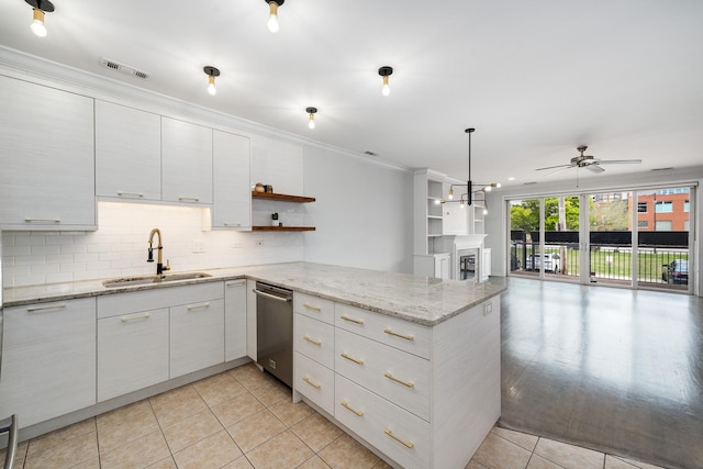 825 N Hudson Ave Unit 1B, Chicago, IL 60610 - kitchen with a sink, dishwasher, light tile patterned floors, open shelves, and a peninsula