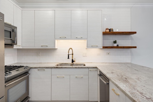 825 N Hudson Ave Unit 1B, Chicago, IL 60610 - kitchen with stainless steel appliances, a sink, decorative backsplash, open shelves, and crown molding