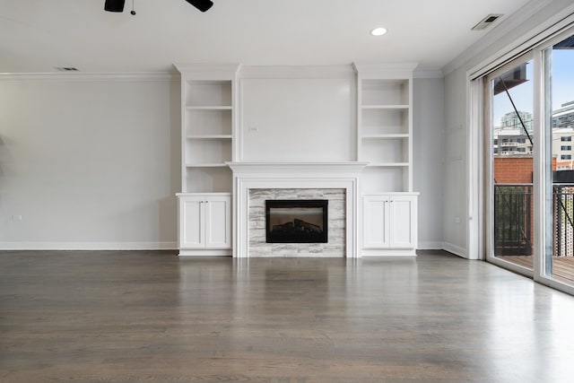 825 N Hudson Ave Unit 1B, Chicago, IL 60610 - unfurnished living room with baseboards, ceiling fan, ornamental molding, dark wood-style floors, and recessed lighting