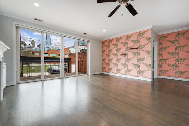 825 N Hudson Ave Unit 1B, Chicago, IL 60610 - unfurnished room featuring ornamental molding, baseboards, ceiling fan, wood finished floors, and wallpapered walls