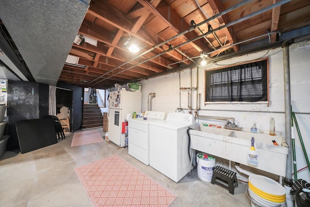 11325 S Kedzie Ave, Chicago, IL 60655 - unfinished basement with washer and clothes dryer, freestanding refrigerator, stairway, and a sink