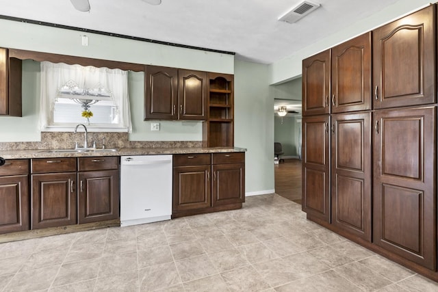 8530 N Kishwaukee Rd, Stillman Valley, IL 61084 - kitchen featuring dishwasher, ceiling fan, a sink, open shelves, and dark brown cabinets