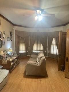 living area featuring ornamental molding, a ceiling fan, and wood finished floors