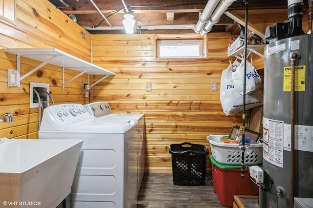430 S Tanner Ave, Kankakee, IL 60901 - washroom with washer and dryer, gas water heater, wooden walls, and wood finished floors