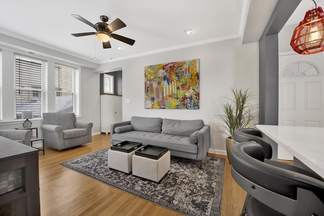 1737 W Balmoral Ave Unit 1A, Chicago, IL 60640 - living area featuring a ceiling fan, ornamental molding, wood finished floors, baseboards, and recessed lighting