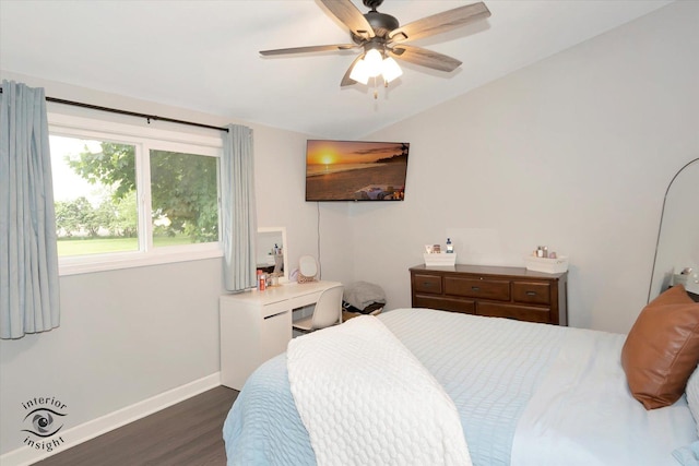 23246 S Malibu Dr, Manhattan, IL 60442 - bedroom featuring dark wood finished floors, baseboards, lofted ceiling, and a ceiling fan