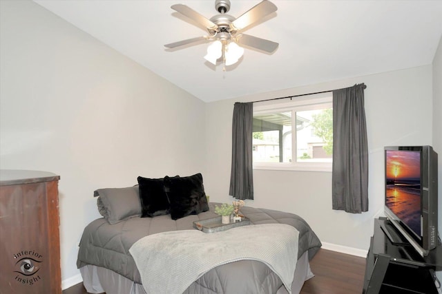 23246 S Malibu Dr, Manhattan, IL 60442 - bedroom featuring baseboards, wood finished floors, vaulted ceiling, and ceiling fan