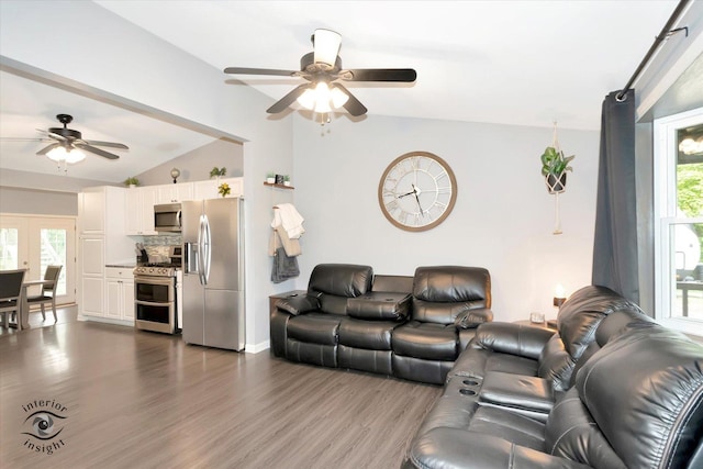 23246 S Malibu Dr, Manhattan, IL 60442 - living room with ceiling fan, lofted ceiling, wood finished floors, and plenty of natural light