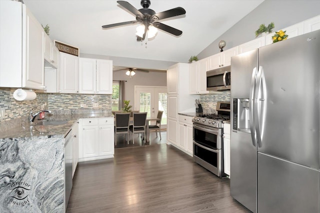 23246 S Malibu Dr, Manhattan, IL 60442 - kitchen with stainless steel appliances, a ceiling fan, a sink, lofted ceiling, and light stone counters