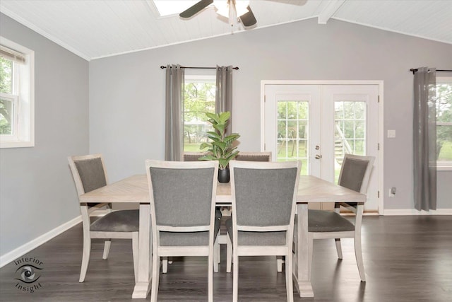 23246 S Malibu Dr, Manhattan, IL 60442 - dining space with dark wood-style flooring, baseboards, ceiling fan, french doors, and healthy amount of natural light