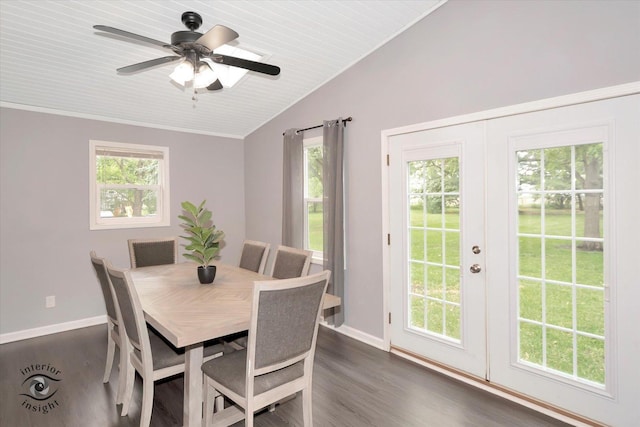 23246 S Malibu Dr, Manhattan, IL 60442 - dining space featuring lofted ceiling, dark wood-style floors, baseboards, and a ceiling fan