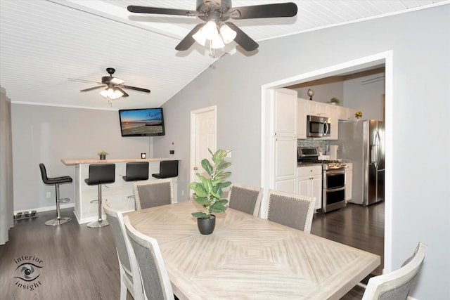 23246 S Malibu Dr, Manhattan, IL 60442 - dining area with dark wood-type flooring, a ceiling fan, lofted ceiling, and baseboards