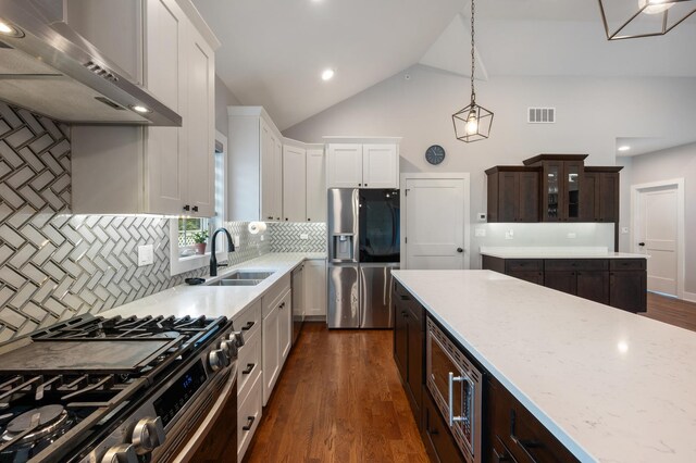 8029 98th St, Palos Hills, IL 60465 - kitchen featuring appliances with stainless steel finishes, a sink, range hood, dark brown cabinetry, and white cabinetry