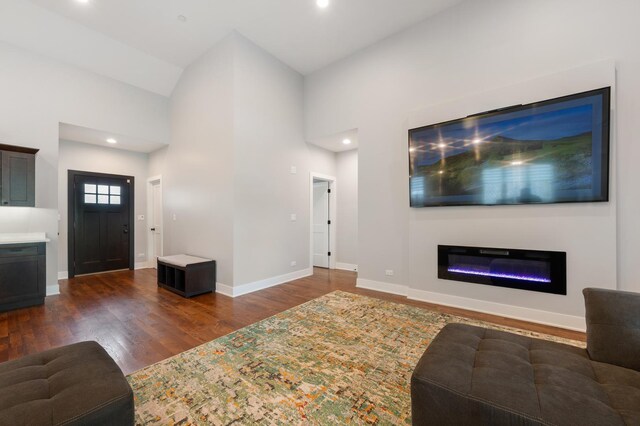 8029 98th St, Palos Hills, IL 60465 - living area with dark wood finished floors, baseboards, high vaulted ceiling, a glass covered fireplace, and recessed lighting