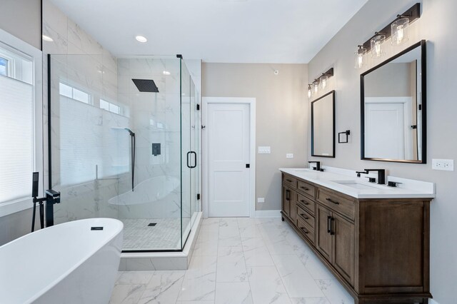 8029 98th St, Palos Hills, IL 60465 - full bathroom featuring marble look tiles, a shower stall, a soaking tub, double vanity, and recessed lighting