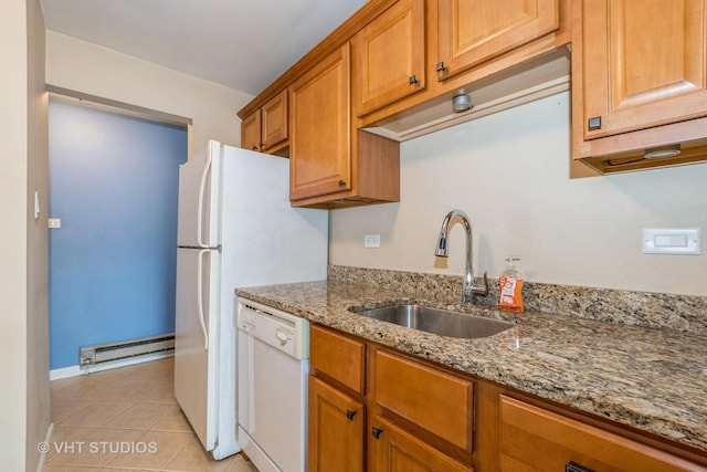 4137 W 97th Pl Unit 311, Oak Lawn, IL 60453 - kitchen with dishwasher, baseboard heating, a sink, brown cabinets, and light stone countertops