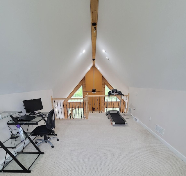 7648 N Indian Ridge Rd, East Dubuque, IL 61025 - office area featuring light carpet, baseboards, and a ceiling fan