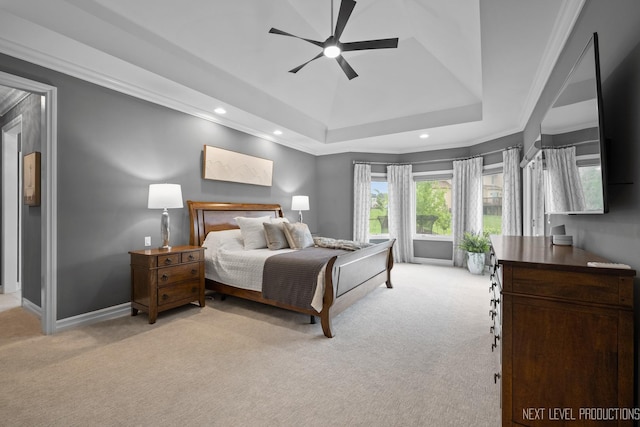 4336 Winterberry Ave, Naperville, IL 60564 - bedroom with light carpet, a tray ceiling, recessed lighting, a ceiling fan, and crown molding