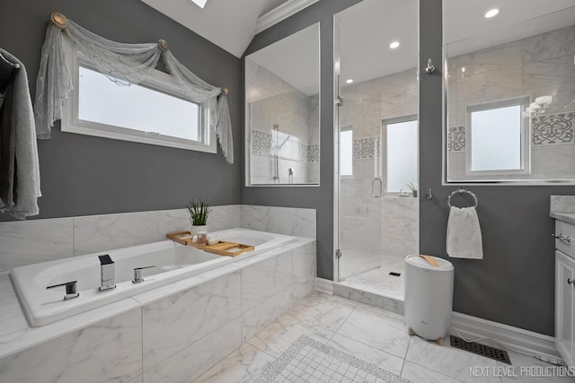 4336 Winterberry Ave, Naperville, IL 60564 - full bath featuring a garden tub, healthy amount of natural light, a shower stall, marble finish floors, and recessed lighting