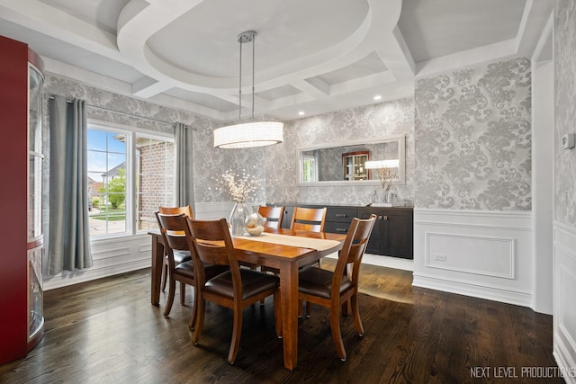 4336 Winterberry Ave, Naperville, IL 60564 - dining space featuring coffered ceiling, wainscoting, dark wood-style floors, wallpapered walls, and beamed ceiling
