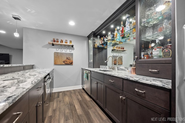 4336 Winterberry Ave, Naperville, IL 60564 - indoor wet bar with dark wood-style floors, stainless steel dishwasher, baseboards, decorative light fixtures, and recessed lighting