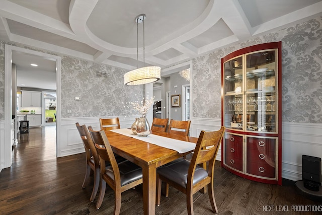 4336 Winterberry Ave, Naperville, IL 60564 - dining room featuring wallpapered walls, dark wood-type flooring, a wainscoted wall, coffered ceiling, and beam ceiling