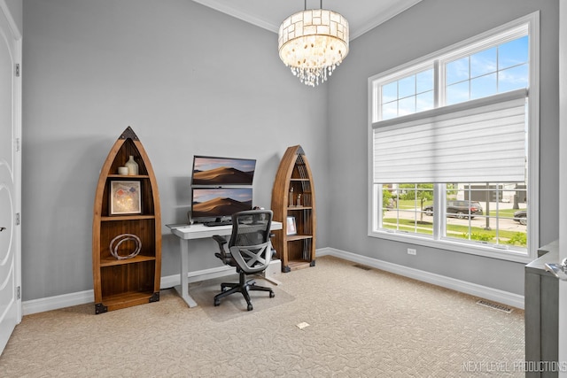 4336 Winterberry Ave, Naperville, IL 60564 - office with carpet floors, a chandelier, baseboards, and ornamental molding