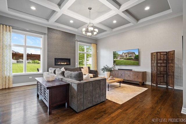 4336 Winterberry Ave, Naperville, IL 60564 - living area with dark wood-style flooring, coffered ceiling, a fireplace, beam ceiling, and baseboards