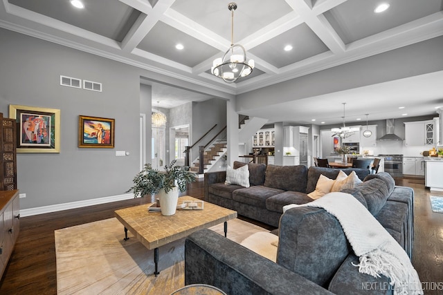 4336 Winterberry Ave, Naperville, IL 60564 - living room with a chandelier, baseboards, wood finished floors, stairway, and recessed lighting